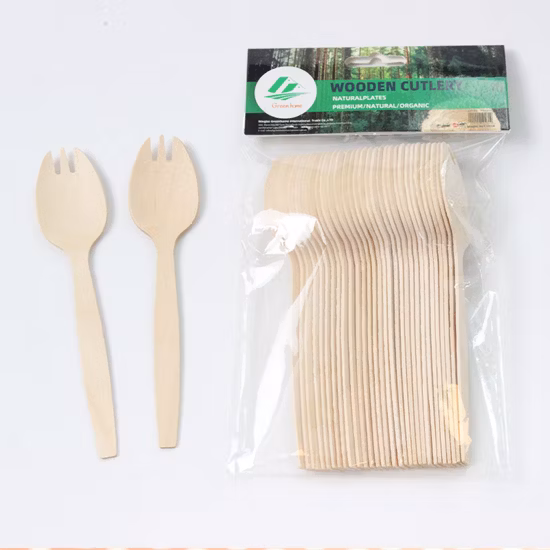 Posate in legno per smaltimento compost, forchetta in legno di betulla da 146 mm, in un sacchetto di plastica